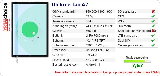 Ulefone Tab A7 Technische gegevens Ulefone Tab A7 Technische gegevens