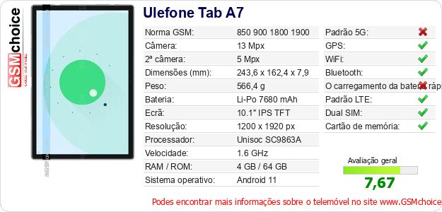 Ulefone Tab A7 Especificações técnicas do telemóvel 