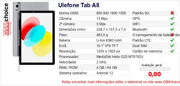 Ulefone Tab A8 Especificações técnicas do telemóvel Ulefone Tab A8 Especificações técnicas do telemóvel