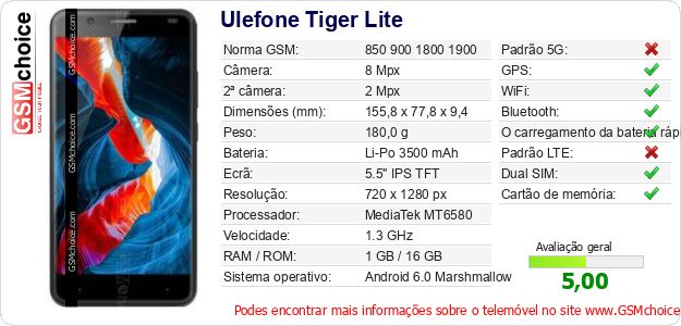 Ulefone Tiger Lite Especificações técnicas do telemóvel Ulefone Tiger Lite Especificações técnicas do telemóvel