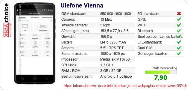 Ulefone Vienna Technische gegevens Ulefone Vienna Technische gegevens