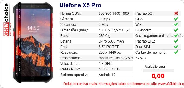 Ulefone X5 Pro Especificações técnicas do telemóvel Ulefone X5 Pro Especificações técnicas do telemóvel