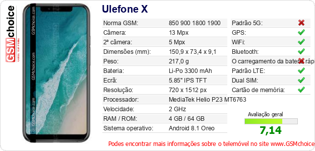 Ulefone X Especificações técnicas do telemóvel Ulefone X Especificações técnicas do telemóvel