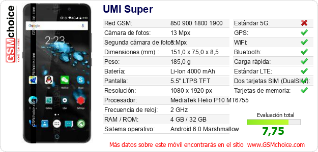 UMI Super Datos técnicos del móvil UMI Super Datos técnicos del móvil