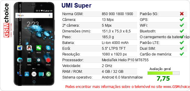 UMI Super Especificações técnicas do telemóvel 