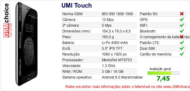 UMI Touch Especificações técnicas do telemóvel 