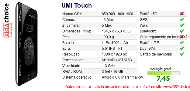 UMI Touch Especificações técnicas do telemóvel 