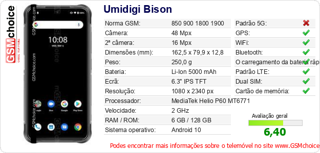 Umidigi Bison Especificações técnicas do telemóvel 