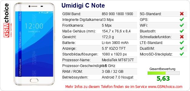Umidigi C Note technische Daten Umidigi C Note technische Daten