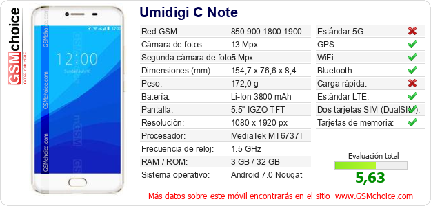 Umidigi C Note Datos técnicos del móvil Umidigi C Note Datos técnicos del móvil