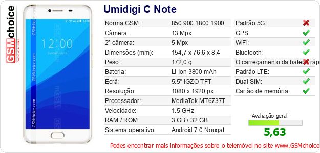 Umidigi C Note Especificações técnicas do telemóvel 