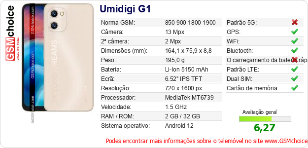 Umidigi G1 Especificações técnicas do telemóvel Umidigi G1 Especificações técnicas do telemóvel