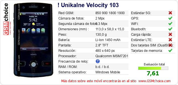 ! Unikalne Velocity 103 Datos técnicos del móvil 