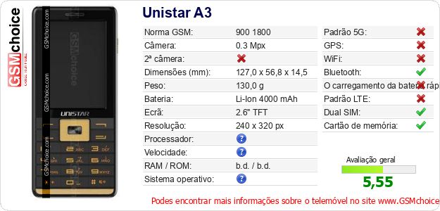 Unistar A3 Especificações técnicas do telemóvel Unistar A3 Especificações técnicas do telemóvel