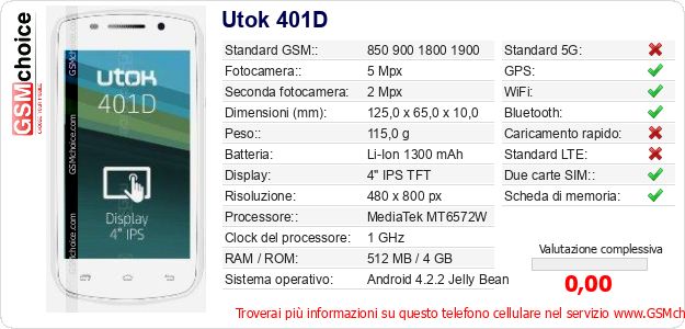 Utok 401D Dati tecnici di telefono cellulare Utok 401D Dati tecnici di telefono cellulare