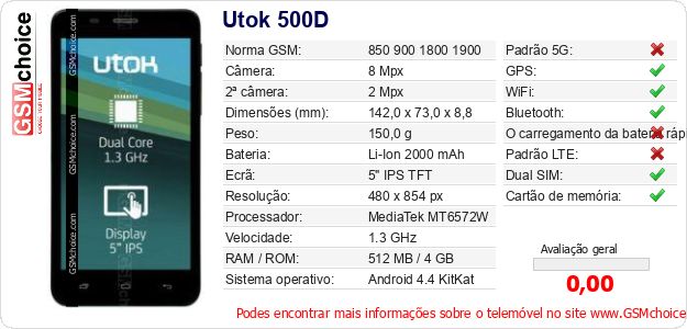 Utok 500D Especificações técnicas do telemóvel Utok 500D Especificações técnicas do telemóvel