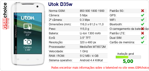 Utok D35w Especificações técnicas do telemóvel Utok D35w Especificações técnicas do telemóvel