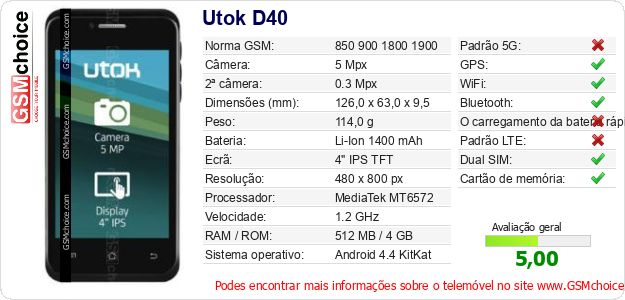 Utok D40 Especificações técnicas do telemóvel Utok D40 Especificações técnicas do telemóvel