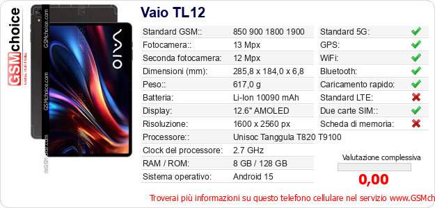 Vaio TL12 Dati tecnici di telefono cellulare Vaio TL12 Dati tecnici di telefono cellulare