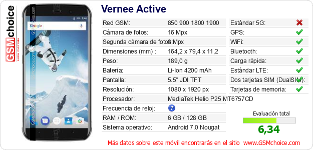 Vernee Active Datos técnicos del móvil Vernee Active Datos técnicos del móvil
