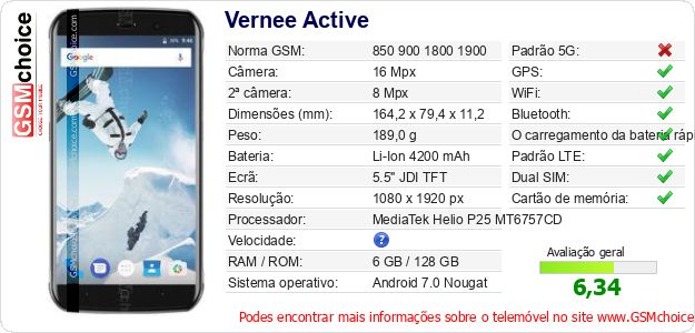 Vernee Active Especificações técnicas do telemóvel 