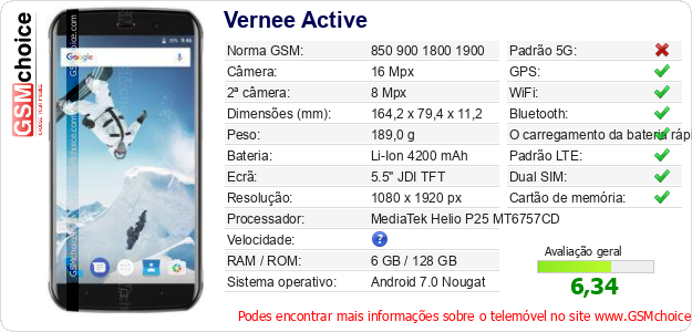 Vernee Active Especificações técnicas do telemóvel Vernee Active Especificações técnicas do telemóvel