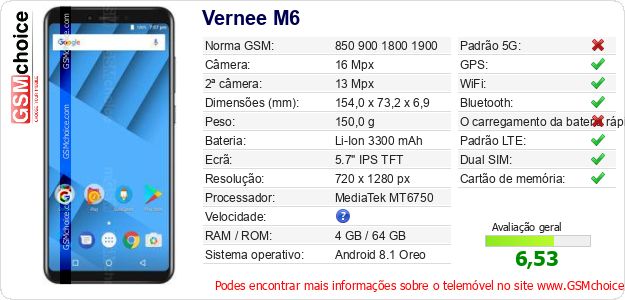 Vernee M6 Especificações técnicas do telemóvel 