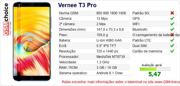 Vernee T3 Pro Especificações técnicas do telemóvel Vernee T3 Pro Especificações técnicas do telemóvel