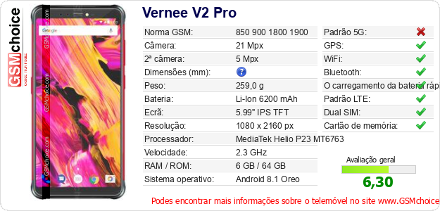 Vernee V2 Pro Especificações técnicas do telemóvel Vernee V2 Pro Especificações técnicas do telemóvel