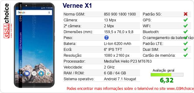 Vernee X1 Especificações técnicas do telemóvel Vernee X1 Especificações técnicas do telemóvel