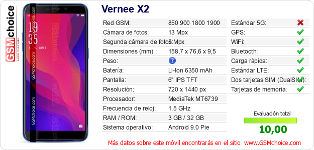 Vernee X2 Datos técnicos del móvil Vernee X2 Datos técnicos del móvil