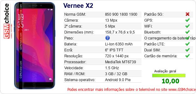 Vernee X2 Especificações técnicas do telemóvel 