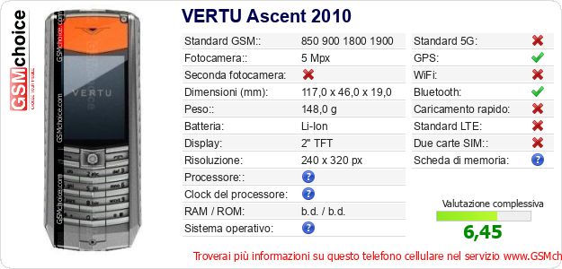 VERTU Ascent 2010 Dati tecnici di telefono cellulare VERTU Ascent 2010 Dati tecnici di telefono cellulare