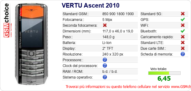 VERTU Ascent 2010 Dati tecnici di telefono cellulare VERTU Ascent 2010 Dati tecnici di telefono cellulare