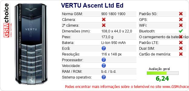 VERTU Ascent Ltd Ed Especificações técnicas do telemóvel VERTU Ascent Ltd Ed Especificações técnicas do telemóvel