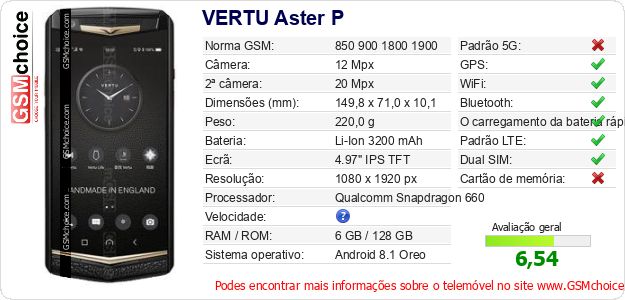 VERTU Aster P Especificações técnicas do telemóvel VERTU Aster P Especificações técnicas do telemóvel