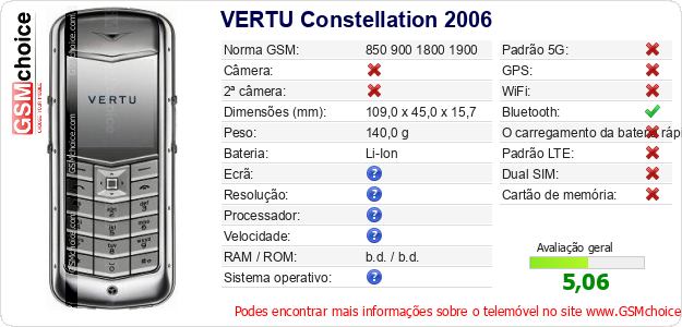 VERTU Constellation 2006 Especificações técnicas do telemóvel VERTU Constellation 2006 Especificações técnicas do telemóvel