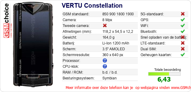 VERTU Constellation Technische gegevens VERTU Constellation Technische gegevens