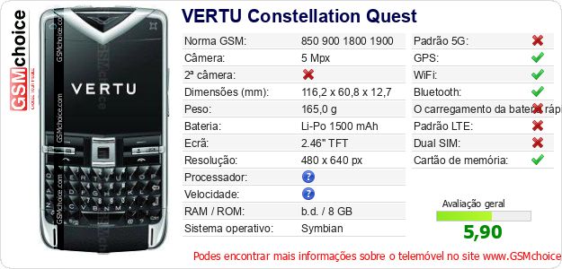 VERTU Constellation Quest Especificações técnicas do telemóvel 