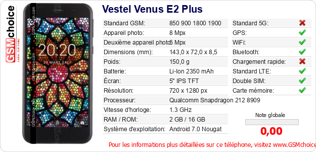 Vestel Venus E2 Plus Fiche technique