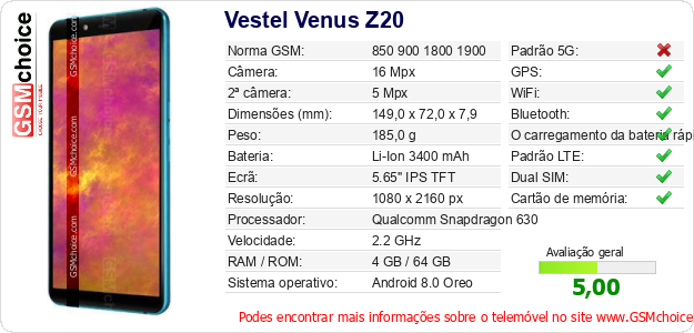 Vestel Venus Z20 Especificações técnicas do telemóvel 