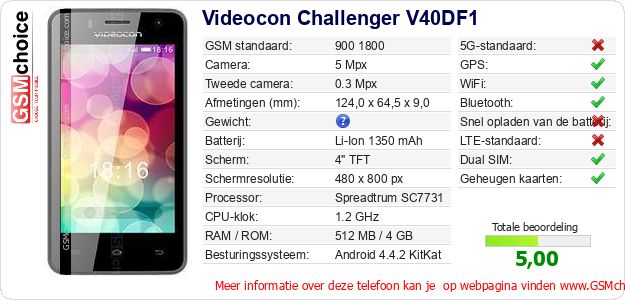 Videocon Challenger V40DF1 Technische gegevens 