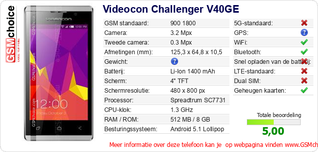 Videocon Challenger V40GE Technische gegevens 