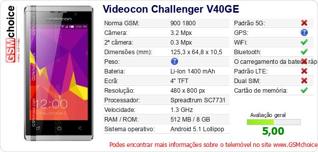 Videocon Challenger V40GE Especificações técnicas do telemóvel Videocon Challenger V40GE Especificações técnicas do telemóvel