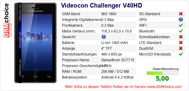Videocon Challenger V40HD technische Daten Videocon Challenger V40HD technische Daten