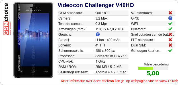 Videocon Challenger V40HD Technische gegevens Videocon Challenger V40HD Technische gegevens