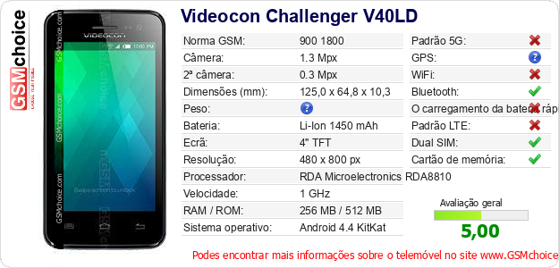 Videocon Challenger V40LD Especificações técnicas do telemóvel 