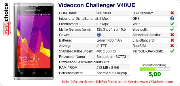 Videocon Challenger V40UE technische Daten Videocon Challenger V40UE technische Daten