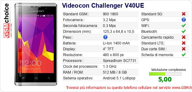 Videocon Challenger V40UE Dati tecnici di telefono cellulare Videocon Challenger V40UE Dati tecnici di telefono cellulare