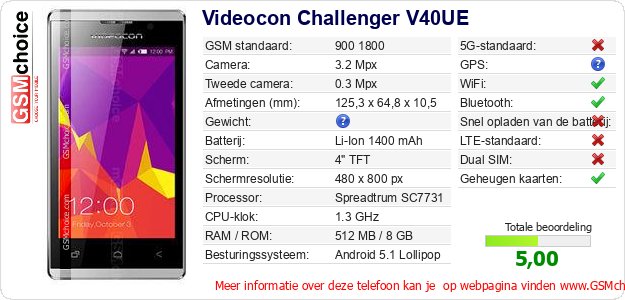 Videocon Challenger V40UE Technische gegevens Videocon Challenger V40UE Technische gegevens
